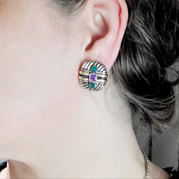 David Yurman Renaissance Earrings With Amethyst Green Onyx and Gold - Picture 8 of 8